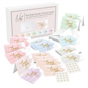 Watercolor Thank You Cards Set 48 cards, envelopes & stickers